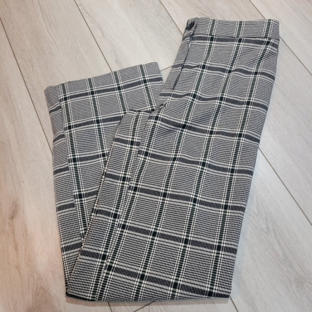 ICHI Womens Ihbiance PA Straight Leg Plaid Pants 36 Black White Green Preppy NEW
